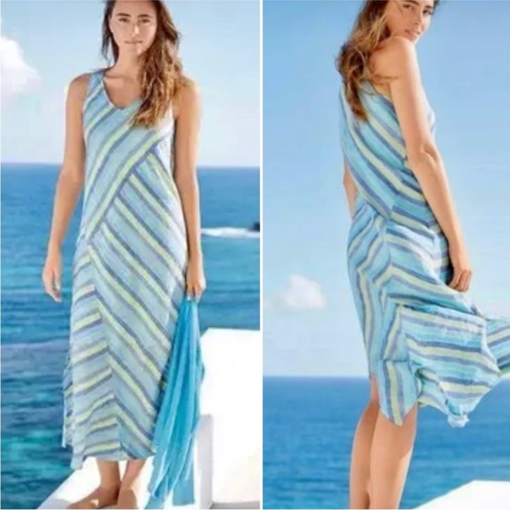 J. Jill Linen Blue and White Sleeveless Maxi Sundress lined